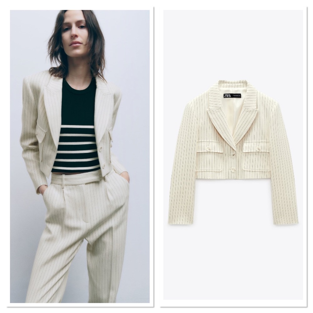 Zara Striped Long Sleeve Patch Pocket Crop Blazer Jacket Sz:L NWT